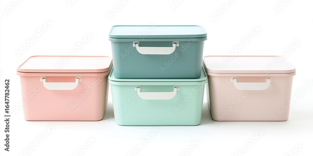 Poster three pastel-colored storage containers stacked in a row, each with a lid and handle, placed on a pl