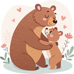 Brown Bear Mom Hugging Cub | Cute Flat Cartoon Vector Nursery Art