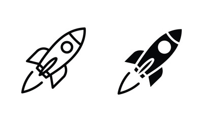 Rocket launch startup icon set with minimal outline and solid style isolated vector symbols for business growth innovation and technology branding