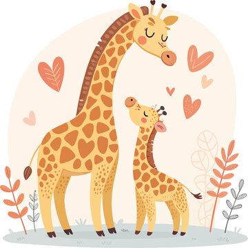 Giraffe Parent and Calf Cuddle | Cute Flat Cartoon Vector Nursery Art