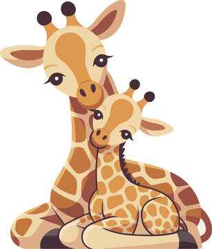 Giraffe Parent and Calf Cuddle | Cute Flat Cartoon Vector Nursery Art