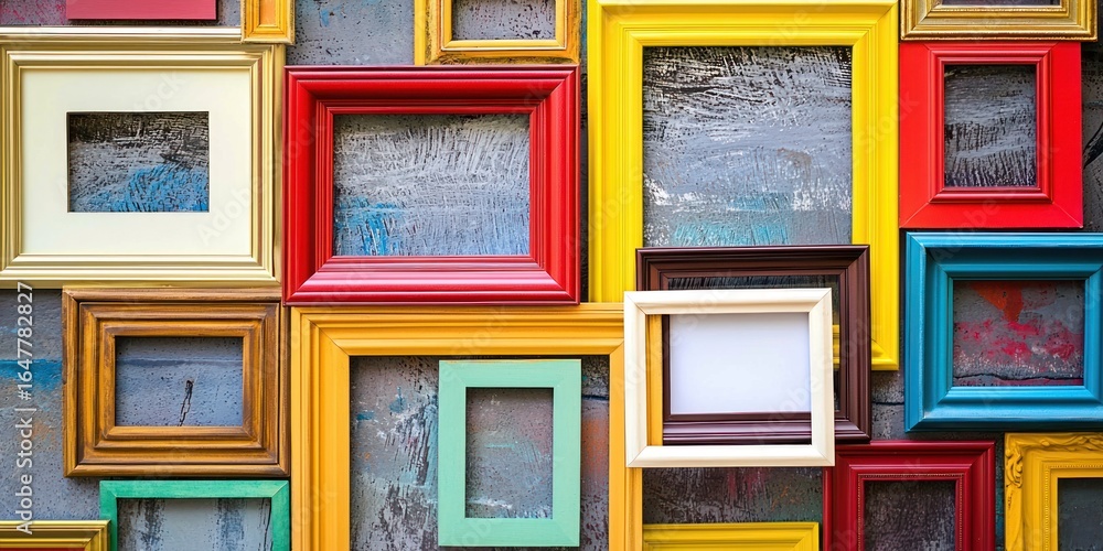 Aufkleber a colorful collage of empty picture frames arranged in a grid pattern against a textured wall. the f