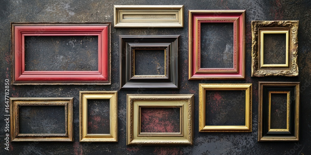Poster nine empty picture frames of various colors and styles arranged on a dark, textured wall.