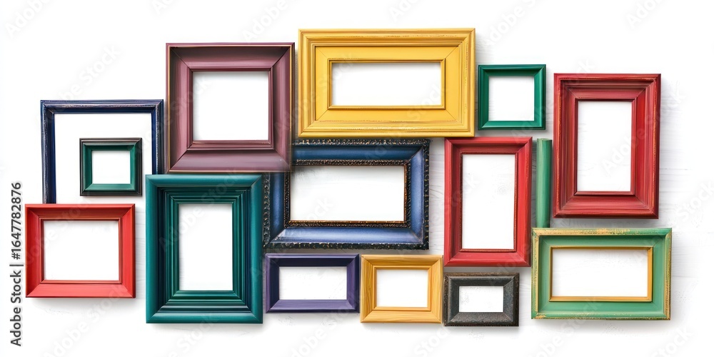 Aufkleber a collection of colorful picture frames arranged in a grid pattern on a white wall. the frames vary 