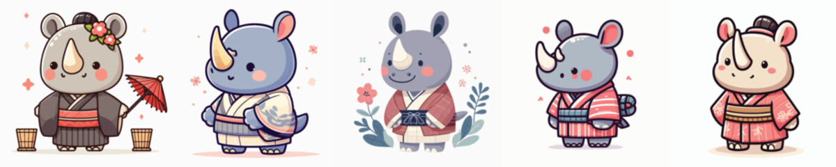 cute rhino vector in kimono costume