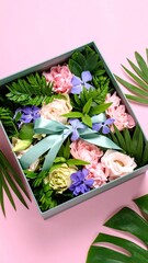 Pastel gift box with tropical leaves decorative design creating stylish presentation for celebration party and elegant festive packaging inspiration.