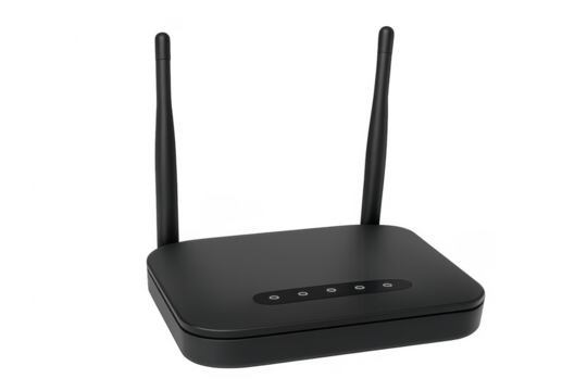 Black wireless router providing reliable internet connectivity on transparent background
