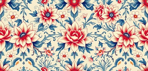 Intricate porcelain-inspired floral pattern, seamless textile background ,  motif,  bloom