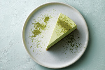 matcha cheesecake on a white ceramic plate, top view