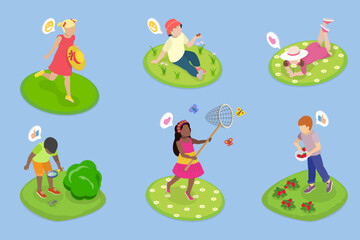 3D Isometric Flat Vector Illustration of Happy Children Havin Fun, Activities For Kids In Springtime