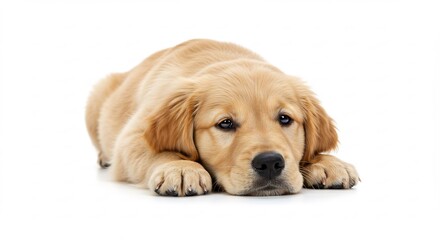 Adorable chiot golden retriever repose paisiblement lumi�re douce fond blanc. AI Generated