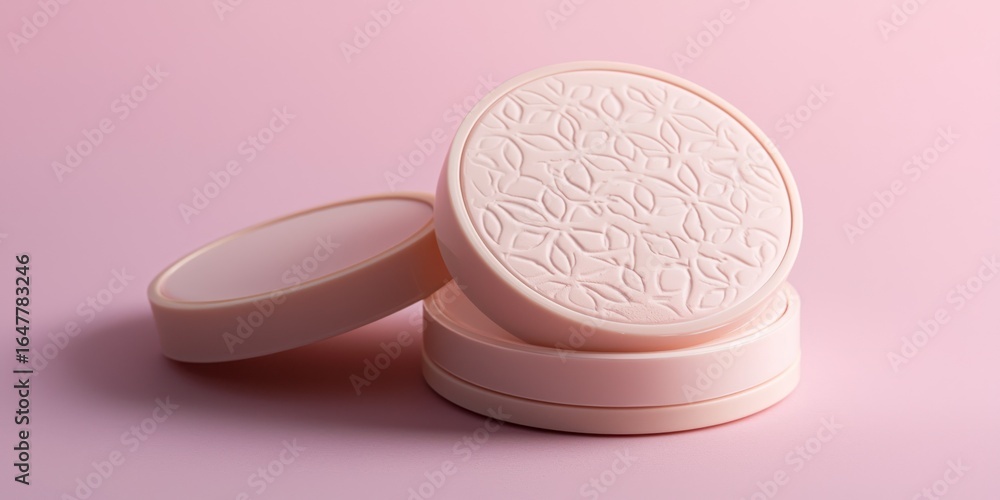 Poster three circular containers with embossed floral patterns, stacked on a pink background. the container