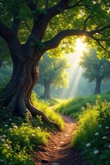 Sun-dappled Serenity Ancient Trees and Vibrant Undergrowth in an Israeli Woodland