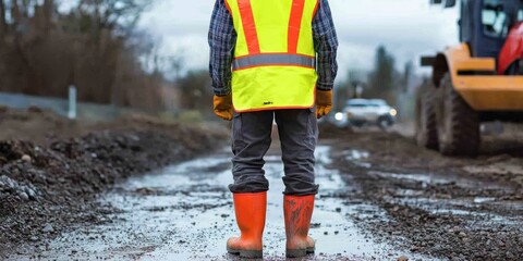 A construction worker in a high-visibility vest and orange boots stands on a muddy road, facing a bulldozer in the background. The scene suggests ongoing roadwork or construction activity.