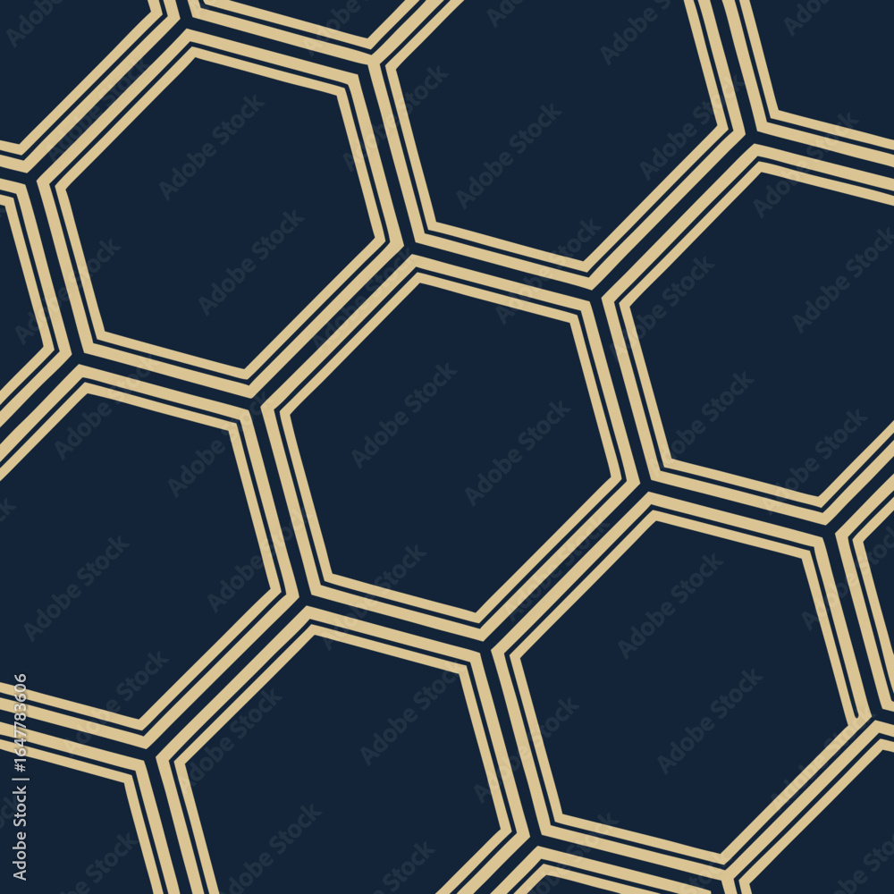 Poster seamless pattern of dark blue hexagons with double beige outlines arranged in a geometric honeycomb 