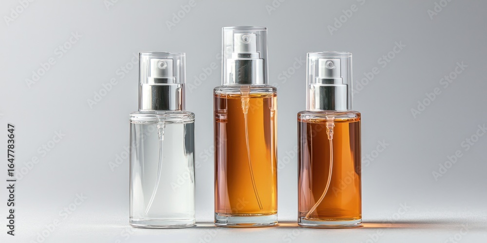 Poster three perfume bottles of varying sizes and colors, arranged in a row against a plain background. the