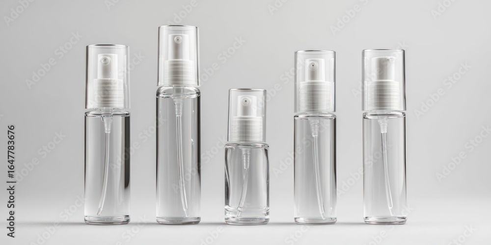 Poster five clear glass spray bottles of varying sizes arranged in a row against a plain white background. 