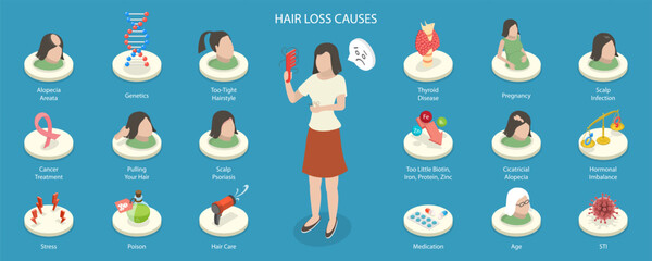3D Isometric Flat Vector Illustration of Causes of baldness, Hair Loss