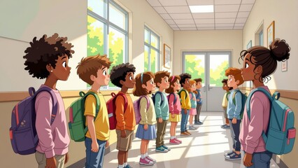 Kids lined up outside classroom, vibrant school hallway with diverse children in uniforms, bright light. Concept of Kids lined up outside classroom, promoting unity and diversity in schools.