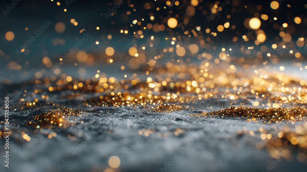 Poster golden bokeh lights falling onto a textured surface creating a magical and festive atmosphere scene