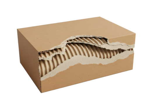 Medium brown corrugated cardboard with a jagged tear revealing inner wavy fluting and frayed edges, isolated on clean transparent background with soft shadow, concept of material properties
