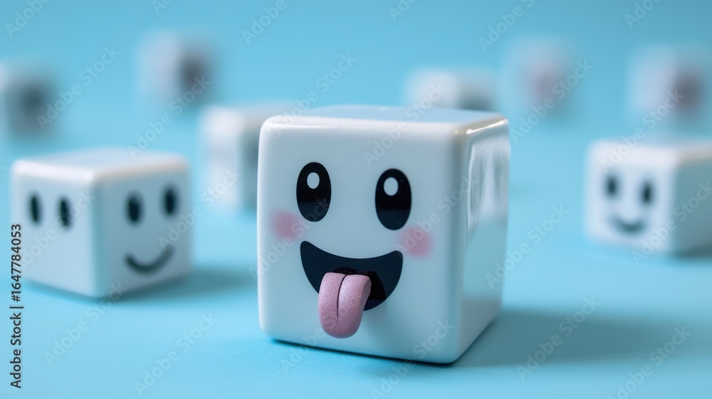 Poster smiling white cubes with faces on a blue background. the cubes have expressive eyes and a cheerful e
