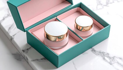 Pastel pink and teal cream jar in elegant box on marble surface for luxury skincare product display, beauty packaging, cosmetic presentation, and modern lifestyle.