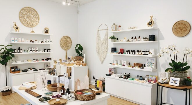 Boutique minimaliste lumineuse Produits beaut� artisanaux pr�sent�s �l�gamment. AI Generated