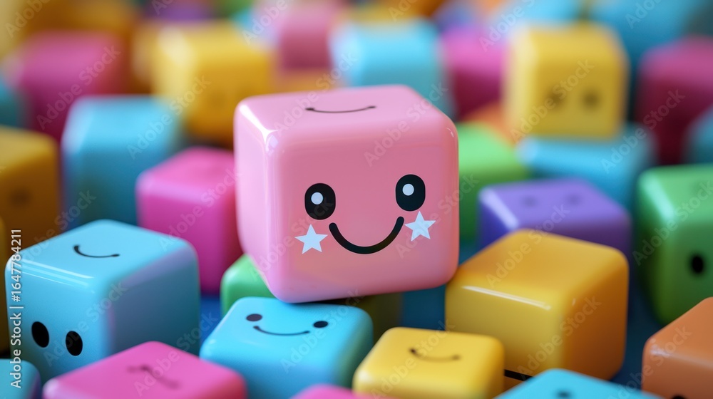 Aufkleber colorful, smiling blocks scattered on a surface, creating a playful and cheerful scene.