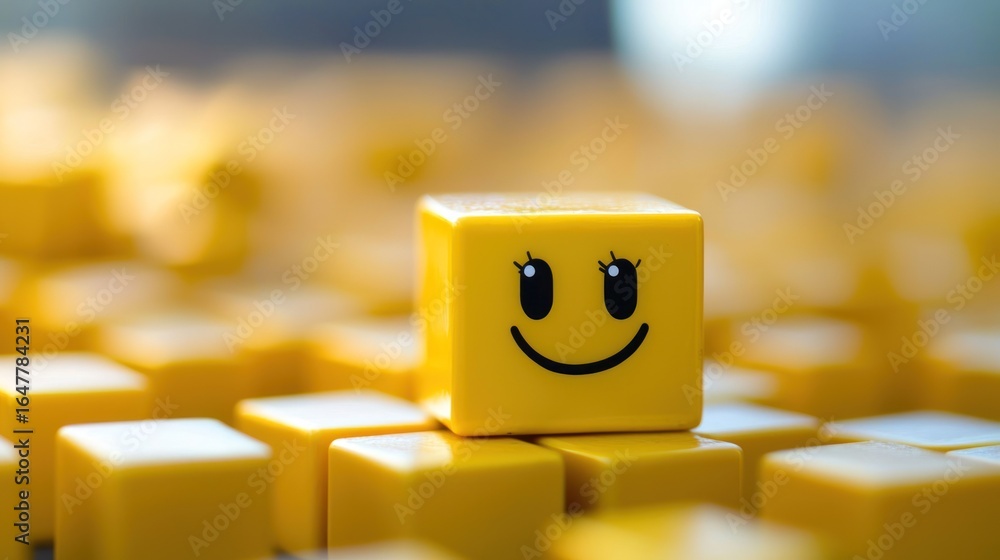 Poster a close-up of a yellow cube with a smiley face, surrounded by more yellow cubes in a blurred backgro