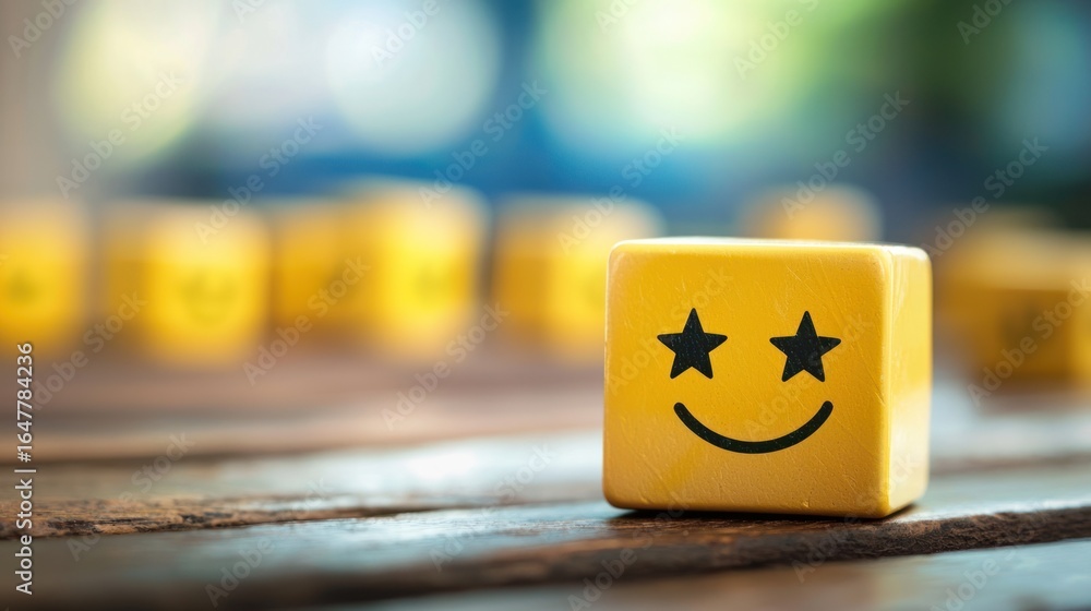 Poster a yellow cube with a smiley face design sits on a wooden surface, surrounded by similar cubes in the