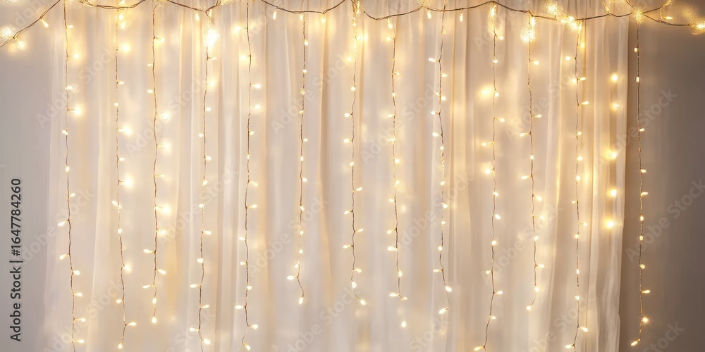 Aufkleber illuminated string lights hanging from a ceiling, creating a cascading effect with sheer white curta