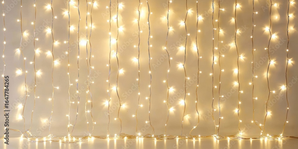 Poster illuminated string lights create a warm, glowing effect against a plain background. the lights are e