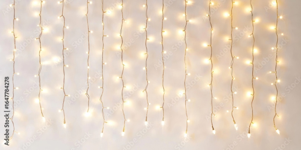 Poster illuminated string lights hanging vertically against a plain white wall, creating a soft, glowing ef
