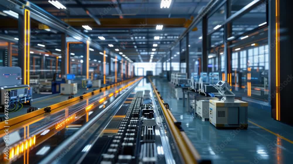 Poster a conveyor belt in a factory setting with various machines, providing insight into manufacturing pro