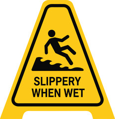 Slippery when wet floor sign isolated on white background, a yellow caution cone with a black silhouette of a person falling and the words slippery when wet