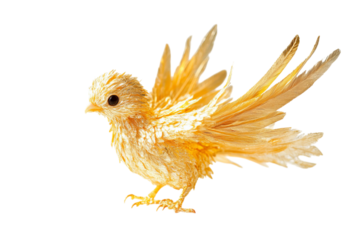 A whimsical golden bird with detailed feathers showcasing vibrant colors and texture.