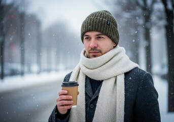 Man in a green knitted beanie and cream scarf holding a takeaway coffee cup outdoors during light snowfall