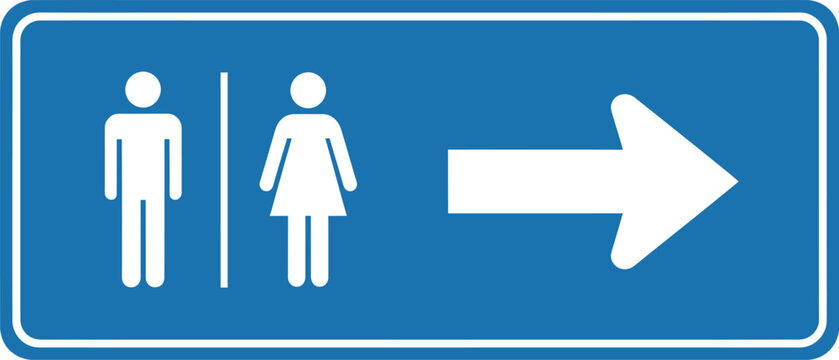 Blue restroom sign isolated on white background with male and female symbols and an arrow pointing to the right, indicating the direction of the facilities