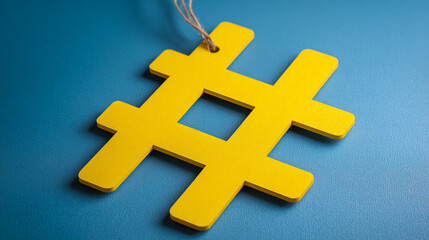 Obraz premium A yellow hashtag symbol with a string on a blue surface casting a soft shadow in a close up shot