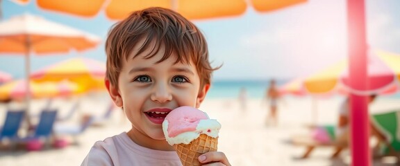 Child enjoys ice cream cone, sunny beach background,  refreshment, summer