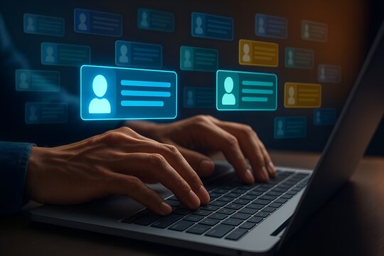 Futuristic Digital Communication Network with Glowing User Profiles and Chat Bubbles Above Laptop – Connectivity and Social Media Concept