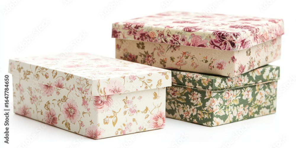 Poster three decorative boxes with floral patterns stacked on a white surface. the boxes are neatly arrange