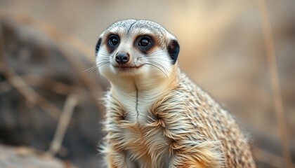 Close-up portrait of an alert meerkat in the wild