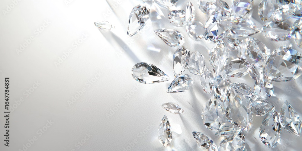 Poster a collection of sparkling diamonds scattered against a white background. the diamonds are faceted an