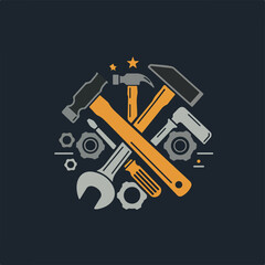 Circular graphic design featuring crossed hammers and tools, symbolizing craftsmanship and construction.