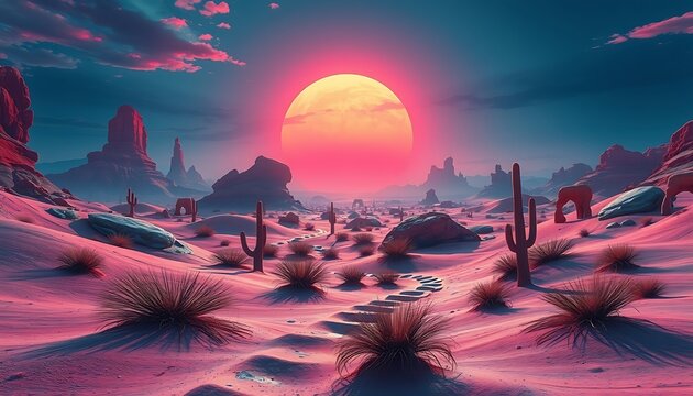 Science fiction desert landscape with a pink sunset - Powered by Adobe