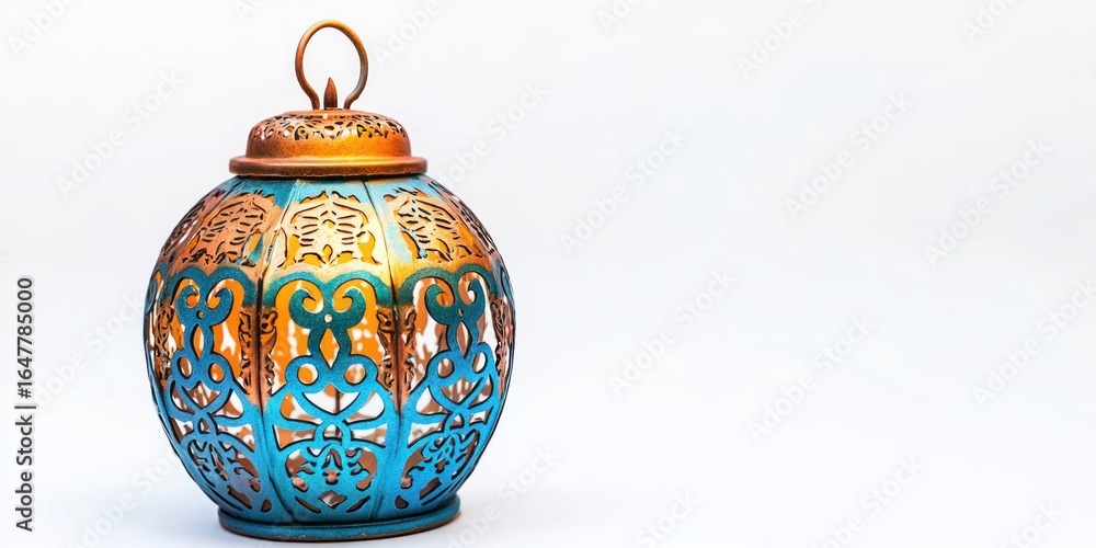 Poster a decorative metal lantern with intricate patterns, featuring a blue and gold color scheme. the lant