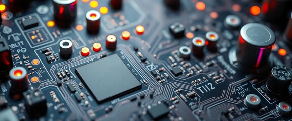 Fototapeta premium Close-up of intricate circuit board, glowing LEDs, hardware, chip
