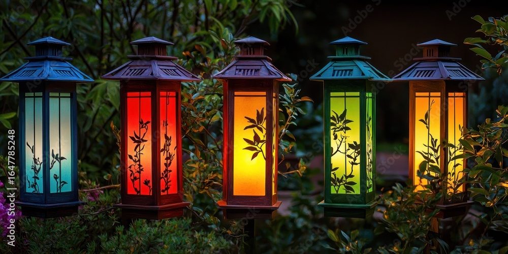 Poster five colorful lanterns illuminated in a garden setting, casting warm light and creating a serene atm